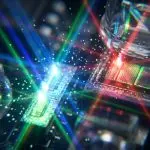 A close-up of a circuit board with glowing components and bright laser beams, set against a dark background, using vibrant blues, reds and greens.