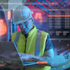 Construction worker in safety gear using laptop surrounded by digital data analytics and code interface elements