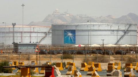 FILE - Storage tanks are seen at the North Jiddah bulk plant, an Aramco oil facility, in Jiddah, Saudi Arabia, on March 21, 2021. (AP Photo/Amr Nabil, File)