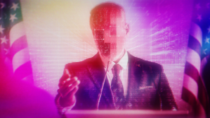 A depiction of male politician speaking at a podium. Lines and binary code obscure the politician’s face to show that the image has been AI generated.