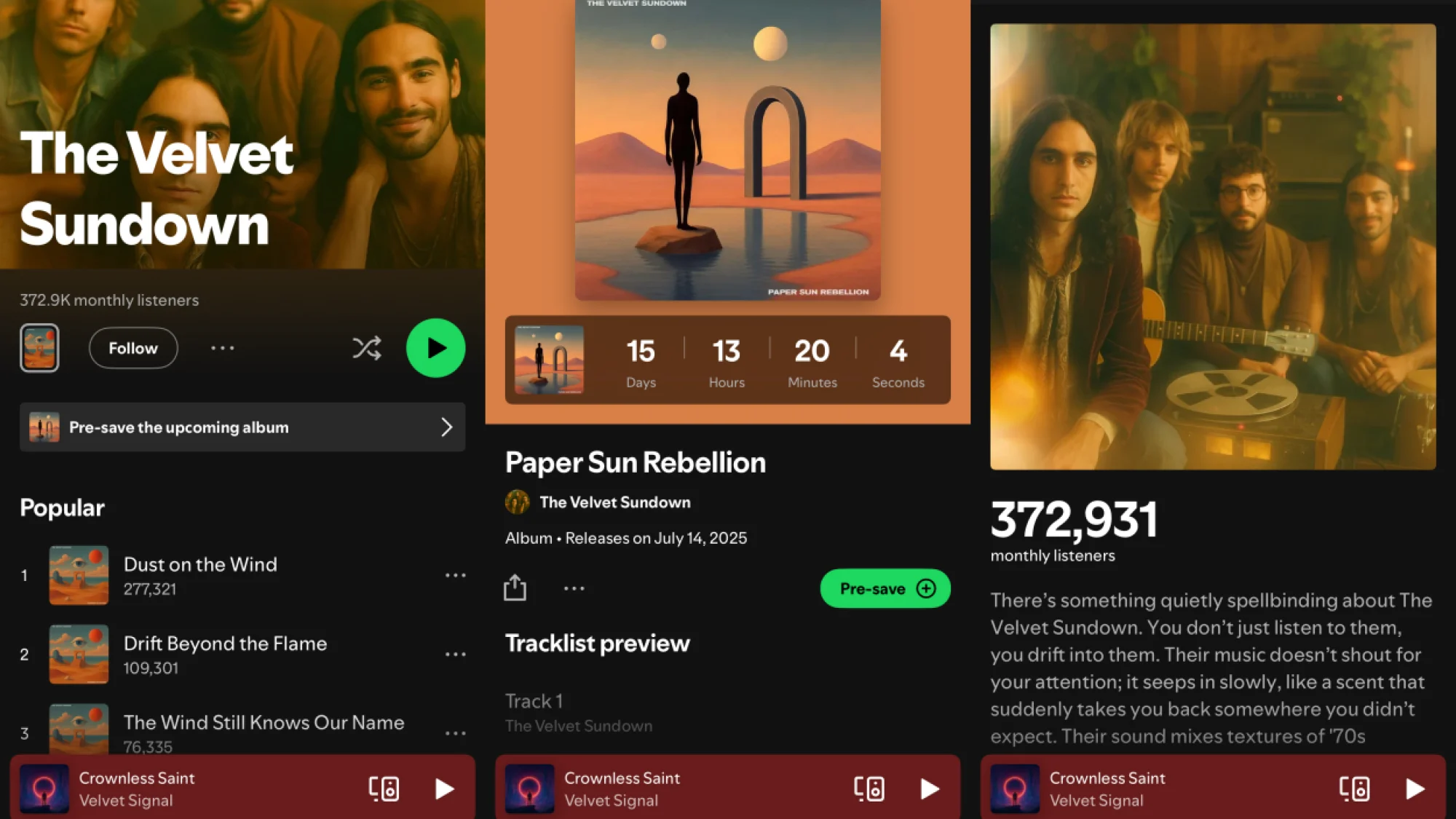 Collage of the Velvet Sundown’s Spotify profile showing promotional band images, 372,931 monthly listeners, and the album “Paper Sun Rebellion.”