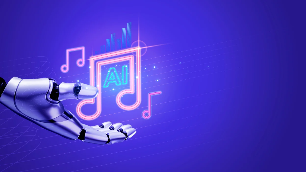 AI generated music concept. Notes icon on robot humanoid hand on blue background with copy space, AI music generator technology, create a song by artificial intelligence. - stock photo