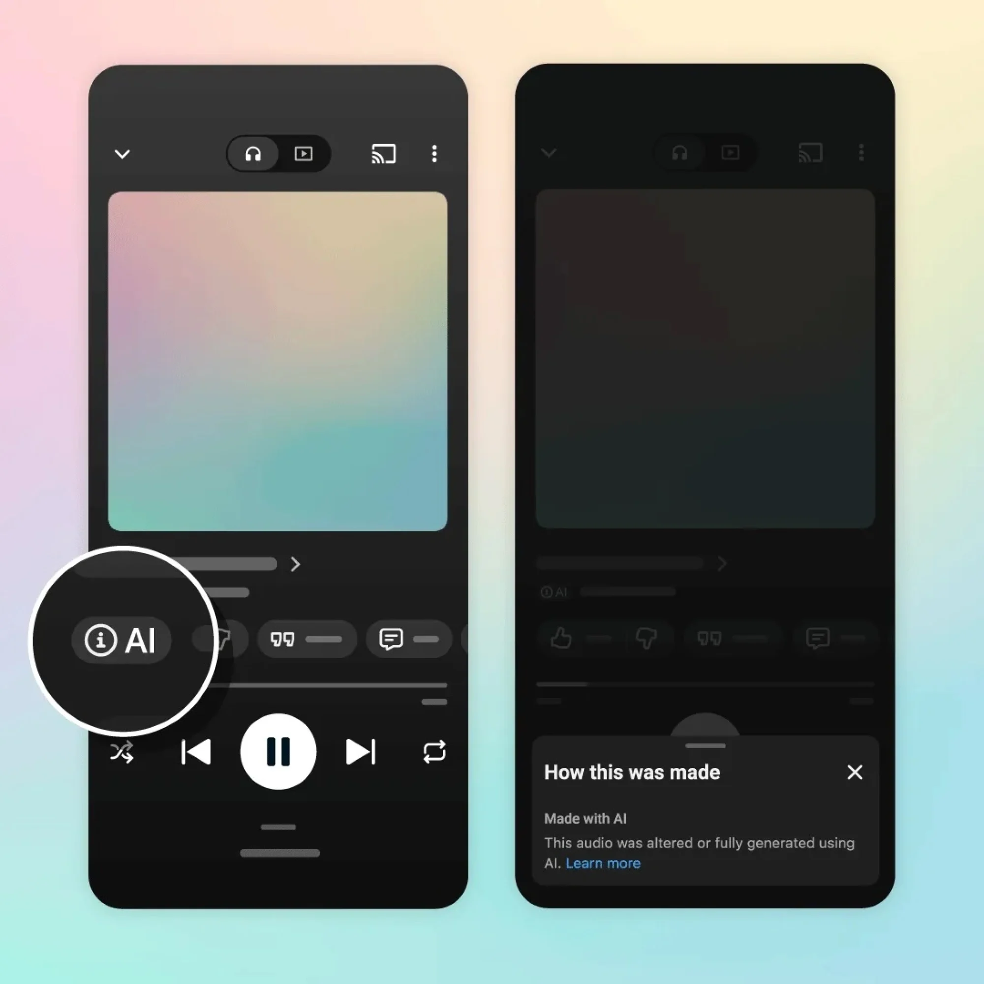 Two YouTube Music screens show an AI label on the player and a How this was made panel explaining that the audio was altered or fully generated using AI on YouTube.