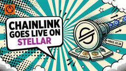 A comic-style illustration of a Chainlink data feed arrow plugging into a large Stellar coin, with a speech bubble headline reading CHAINLINK GOES LIVE ON STELLAR and a badge showing $3.5B.