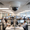 Professional security dome camera installed on office ceiling monitoring open plan workspace with diverse team of employees working at computers in background
