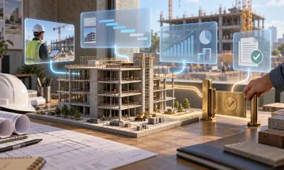 AI-generated conceptual illustration of construction project data, scheduling, financial analysis, and human approval.