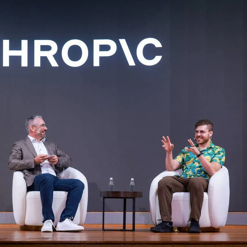 Anthropic’s ASEAN general manager Dale Finlay (left) and co-founder Ben Mann speaking at Capella Singapore on Oct 14.