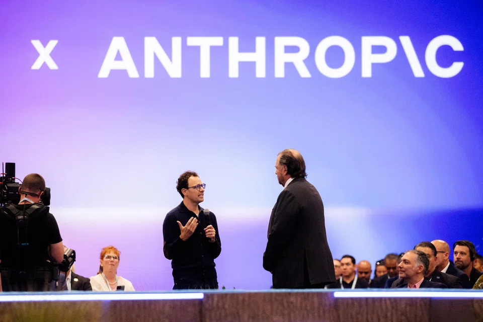 Anthropic CEO Dario Amodei (left) at a conference in San Francisco on Sep 15. Prominent investors met with him and CFO Krishna Rao on Oct 14, the firm’s investor day.