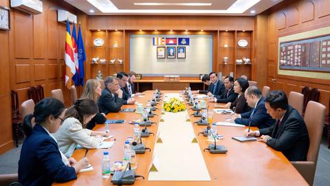 US Chargé d'Affaires Aleks Zittle and US Department of the Treasury Deputy Assistant Secretary Robert Kaproth met with Chea Serey, Governor of the National Bank of Cambodia, to discuss strengthening financial sector governance and Cambodia’s financial development on October 9. Kiripost via the US Embassy in Phnom Penh