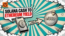 A comic-style illustration of a Solana wallet sending stablecoins along a thick arrow into a large elUSD coin on Ethereum, with a small badge marking $34B.