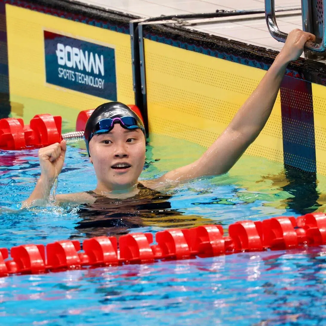 Singapore’s Gan Ching Hwee celebrating after winning a silver medal in the women’s 1,500m free at the 2026 Asian Games in Japan on Sept 20.