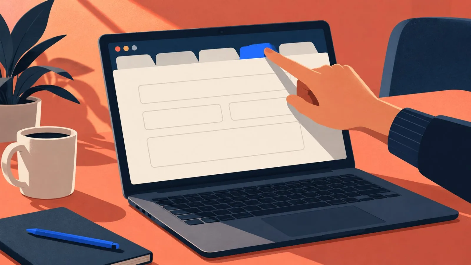 A hand selects an unlabeled browser tab on an open laptop / TokenPost.ai