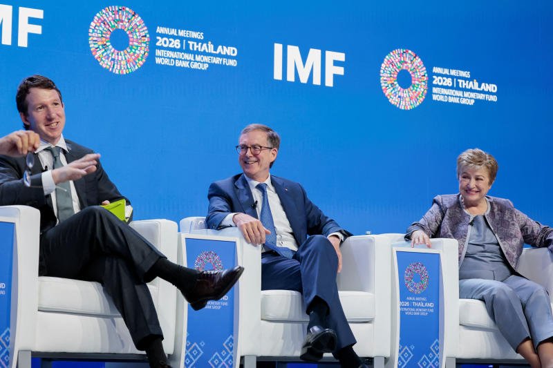 Anthropic co-founder Jack Clark (left), Bank of Canada Governor Tiff Macklem (centre) and International Monetary Found chief Kristalina Georgieva attend a forum at the IMF and World Bank annual meetings at Queen Sirikit National Convention Center on Friday. (Photo: Reuters)