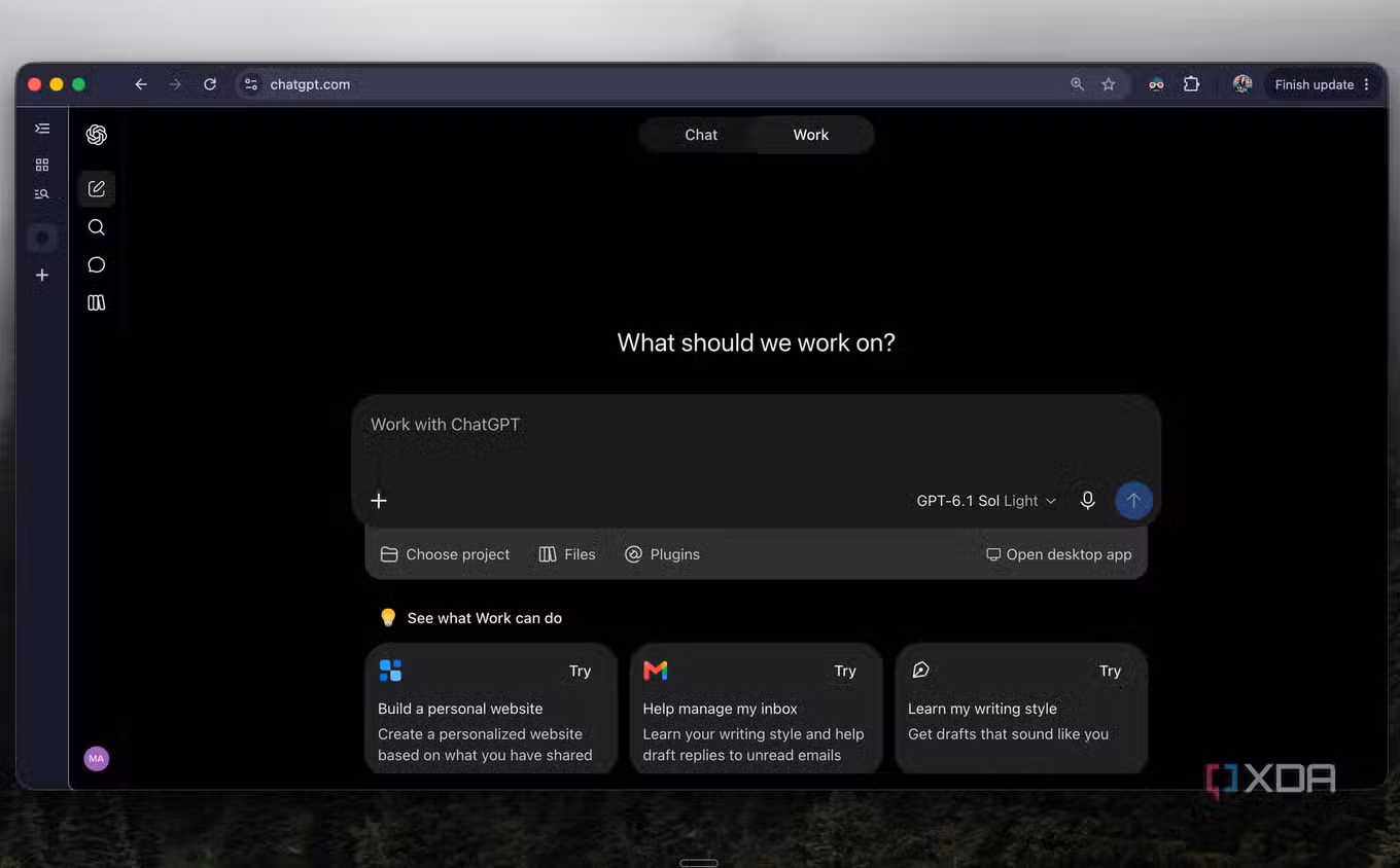 ChatGPT Work mode in Chrome asking what to work on, with project, file and plugin options