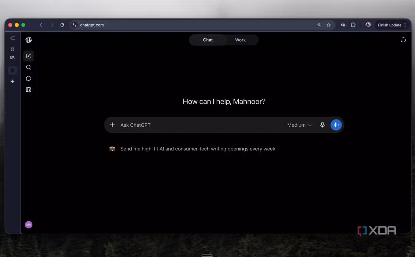 ChatGPT home page in Chrome with new Chat and Work tabs and an Ask ChatGPT prompt box