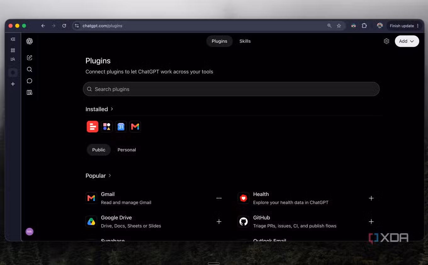 ChatGPT Plugins page in Chrome showing installed plugins and popular ones like Gmail and GitHub