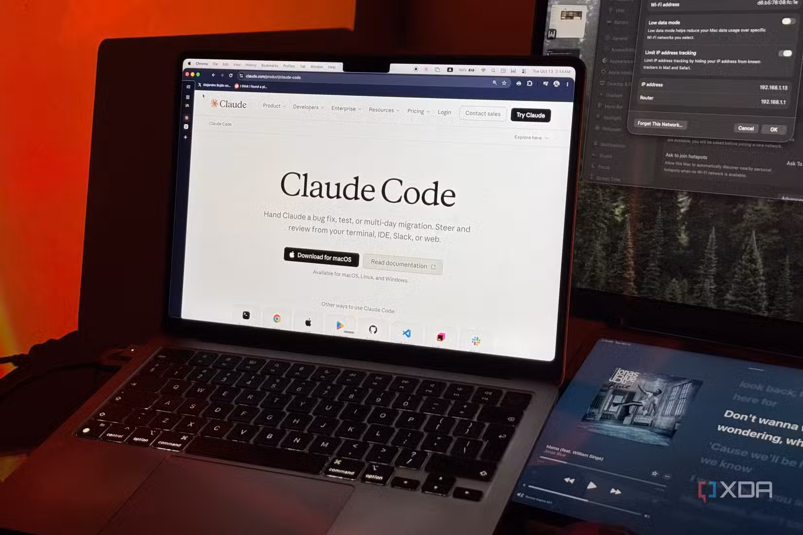 MacBook Air in Chrome showing the Claude Code product page with a Download for macOS button
