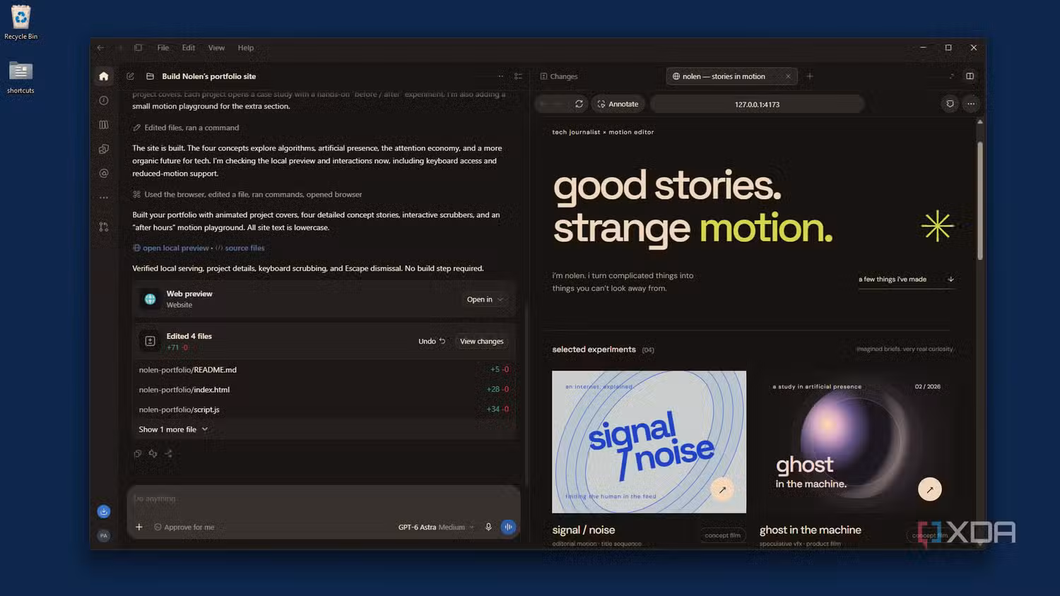 just finished Astra site preview in Codex panel