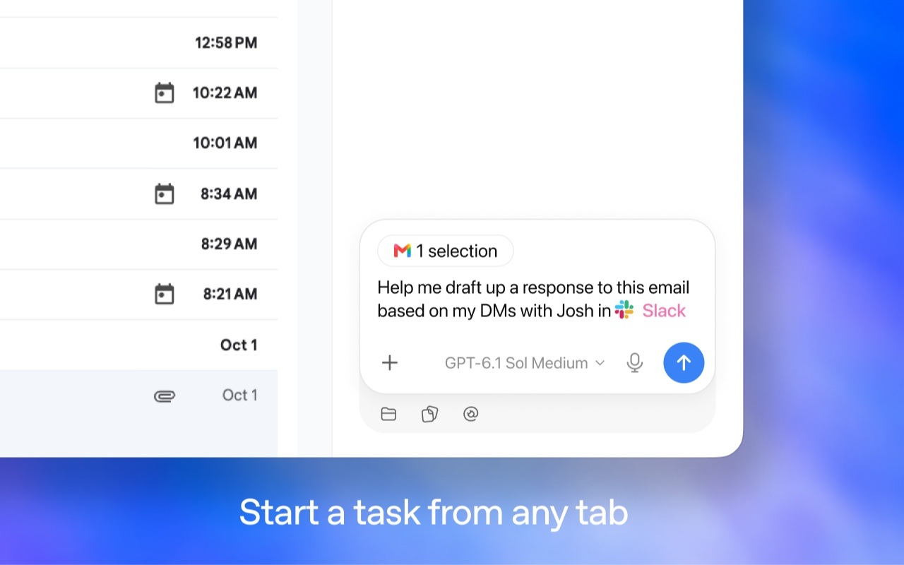 تصویر منتشرشده از سوی OpenAI که آغاز یک وظیفه از زبانه مرورگر را با اتصال به Gmail و Slack نشان می‌دهد