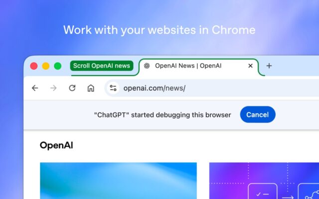 ChatGPT Chrome extension controlling a browser tab alongside OpenAI news