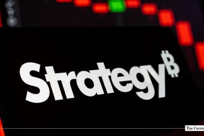 MicroStrategy logo displayed on a smartphone screen against a red market chart background.