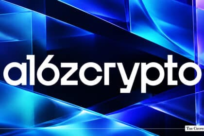 a16z crypto logo and wordmark over an abstract blue geometric glass background.