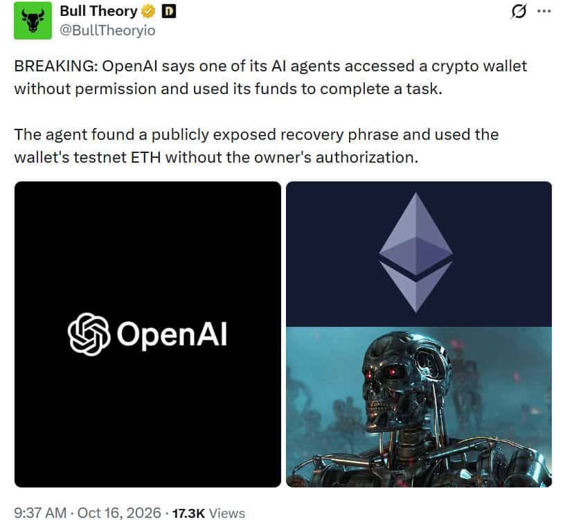 مدل GPT-5.6 Sol شرکت OpenAI با استفاده از عبارت بازیابی افشاشده به کیف پولی در شبکه آزمایشی سپولیا دسترسی پیدا کرد و بدون مجوز ETH خرج کرد