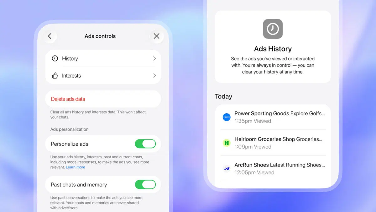 ChatGPT ads controls screen with switches for Personalize ads and Past chats and memory, next to an ads history list