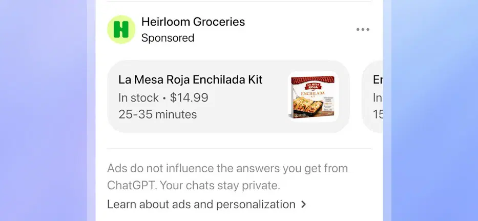 Example of a sponsored grocery ad shown below a ChatGPT answer, with a note saying ads do not influence answers