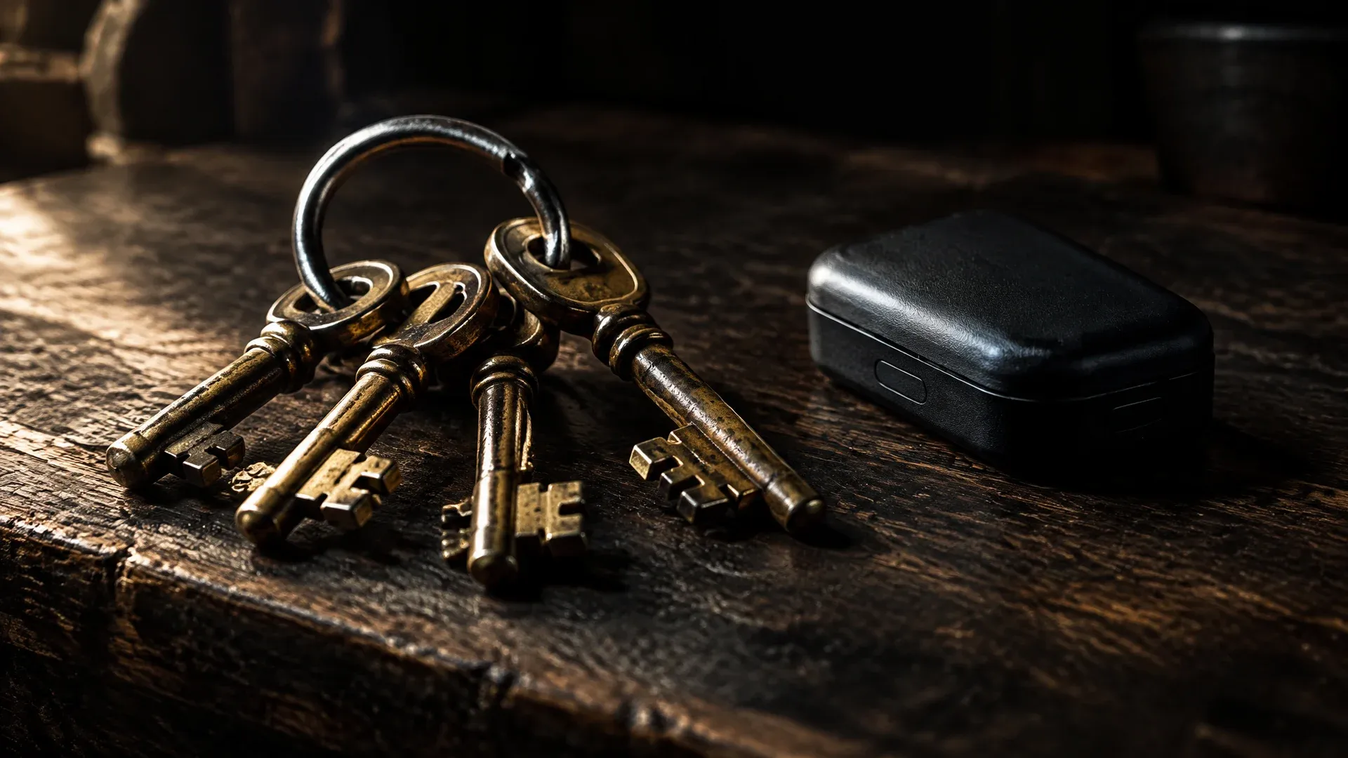 Heavy key ring with old brass keys on a dark oak workbench, next to it an unbranded small black device