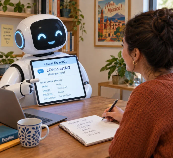 A friendly AI robot teaches a woman Spanish.