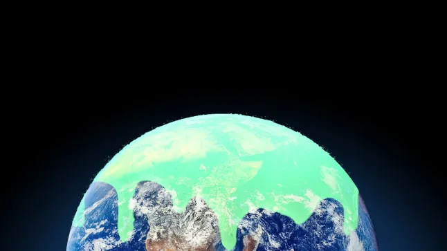 A view of the Earth covered in neon green goo.