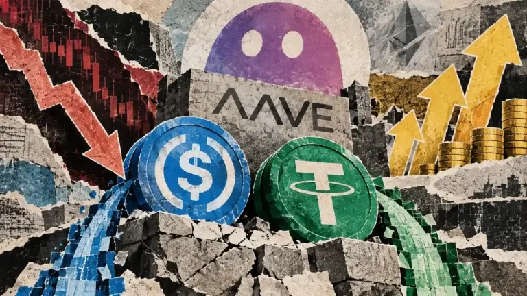 Aave's USDC and USDT reserves sit on crumbling foundations, with a falling red market indicator contrasting with rising reward incentives.