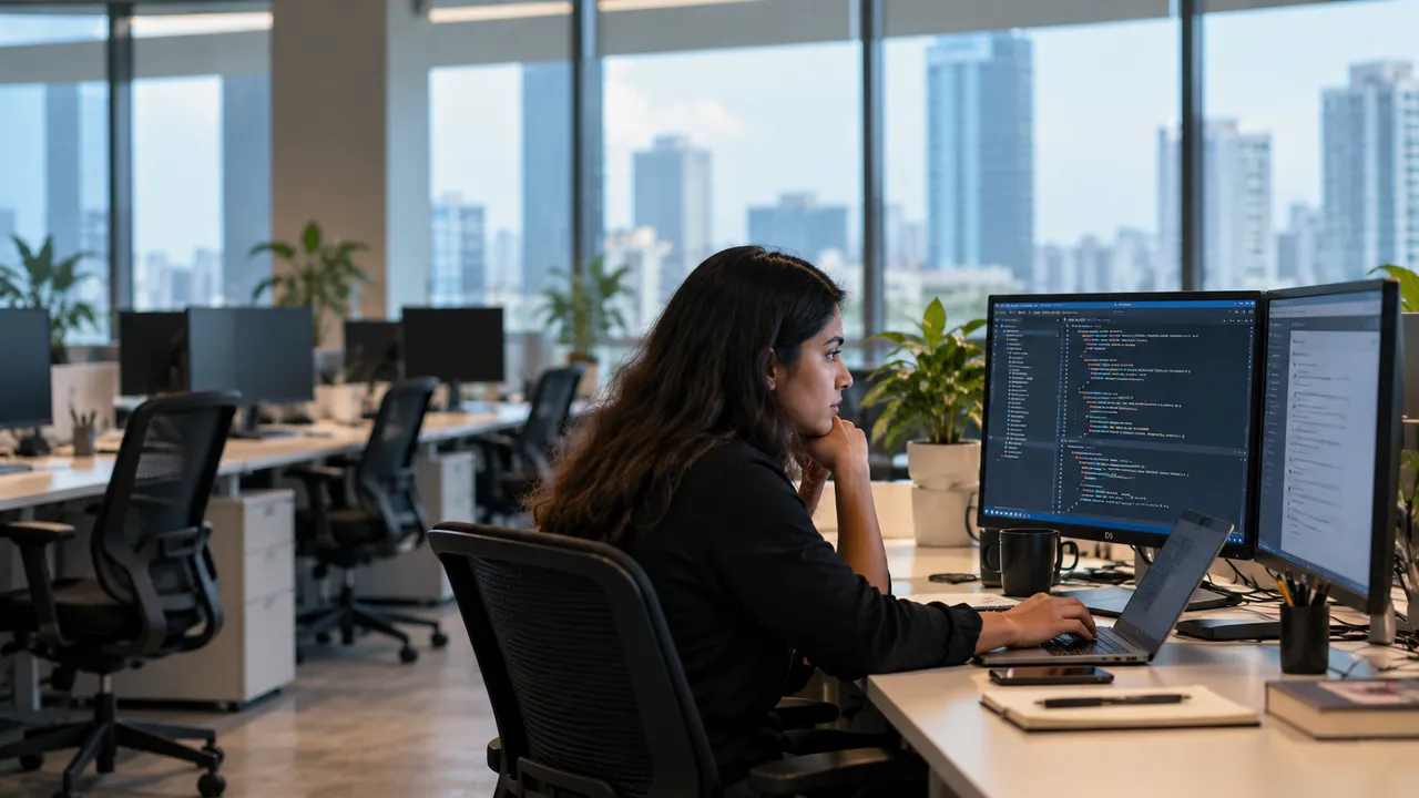 Focused Coder in a City Office