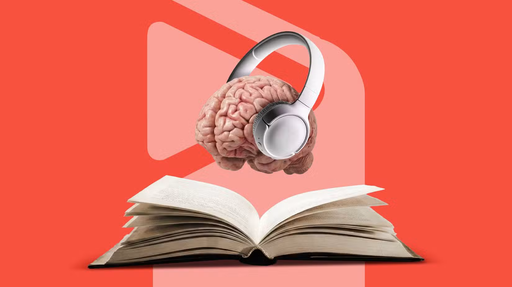 تصویر مفهومی مغزی با هدفون سفید بر فراز کتابی باز، در پس‌زمینه قرمز