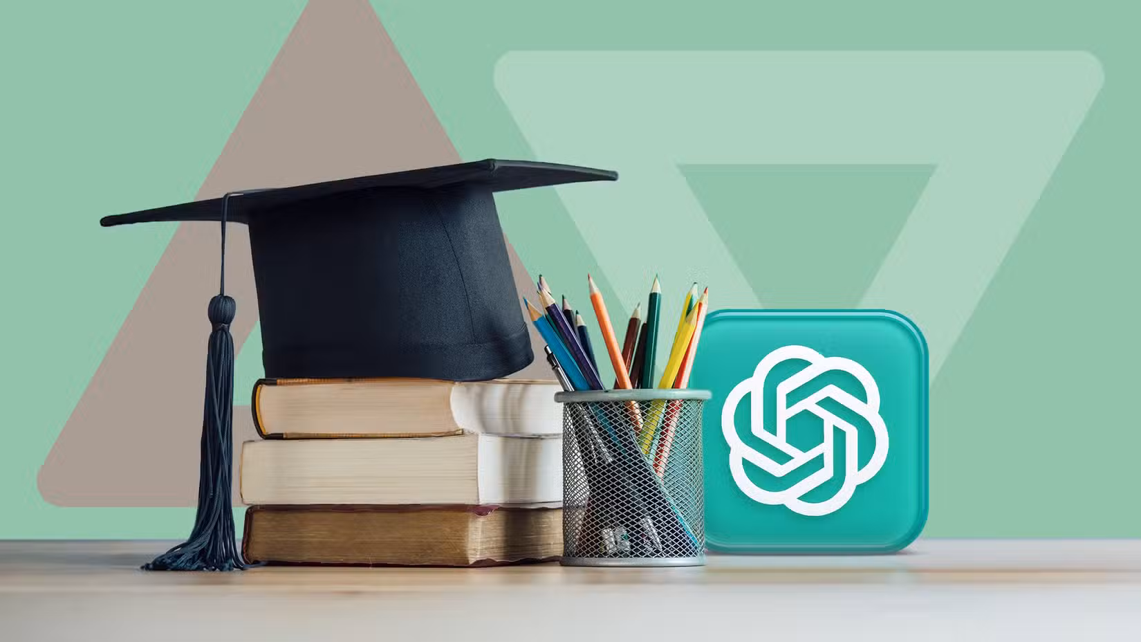 کلاه فارغ‌التحصیلی روی چند کتاب، در کنار جامدادی و نمادی شیشه‌ای از ChatGPT