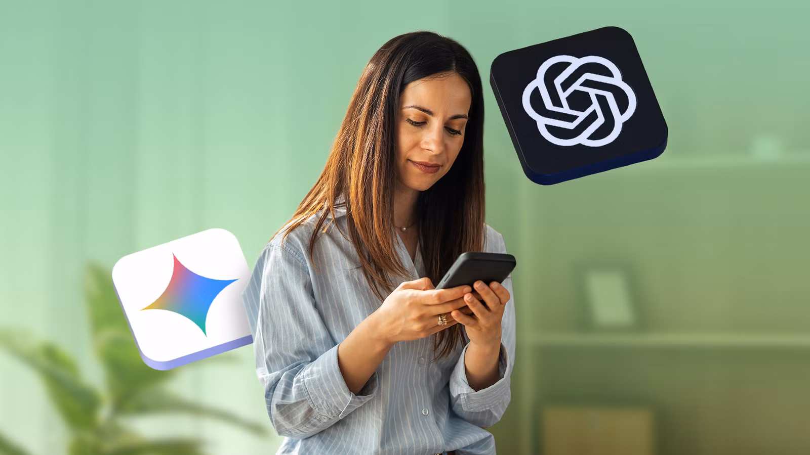 زنی در حال استفاده از تلفن هوشمند با نشان‌های ChatGPT و Gemini در کنار آن